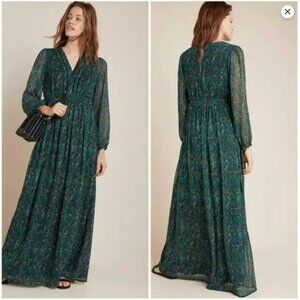 Anthropologie Ranna Gill Daphne Green Floral V-neck Maxi Patterned Dress